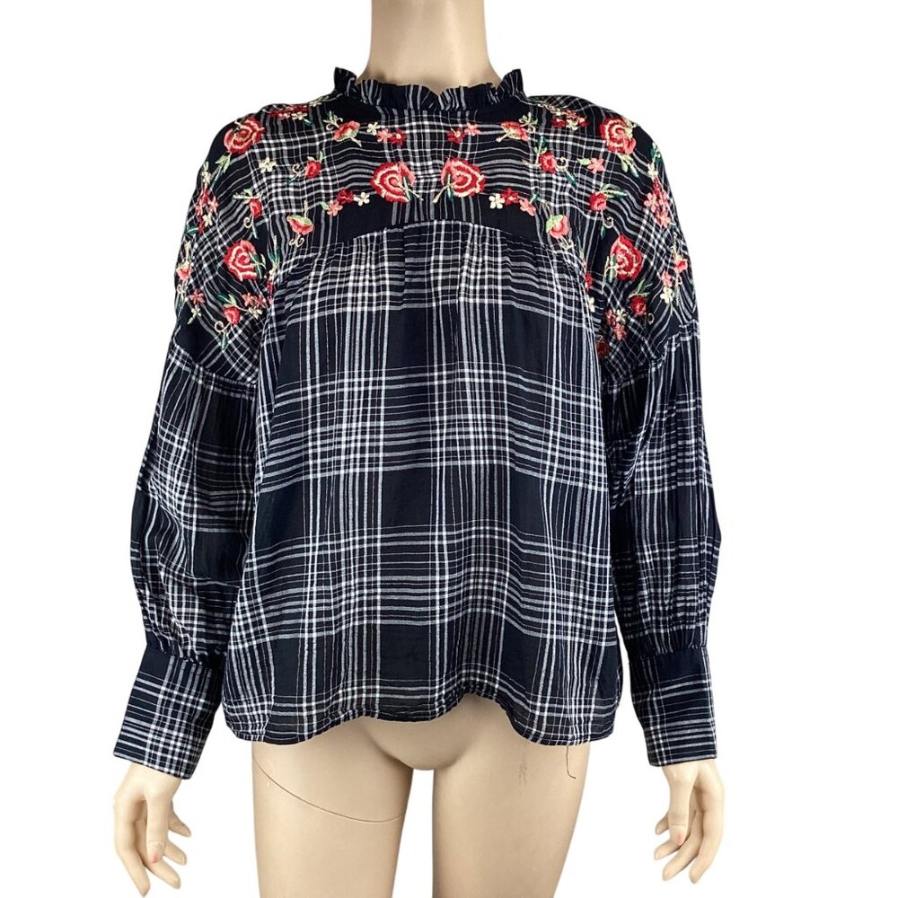 Zara Top Size Small Black Plaid Embroidered Floral Long Sleeve Checkered‎
